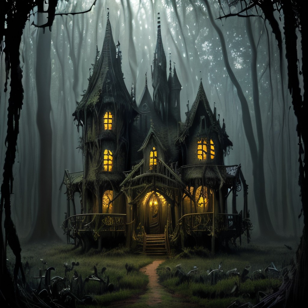 00146-509169931-masterpiece, intricate photo, swampy surrounding in an magic enchanted forest, haunted house in a bottle, halloween art, lightin.jpg